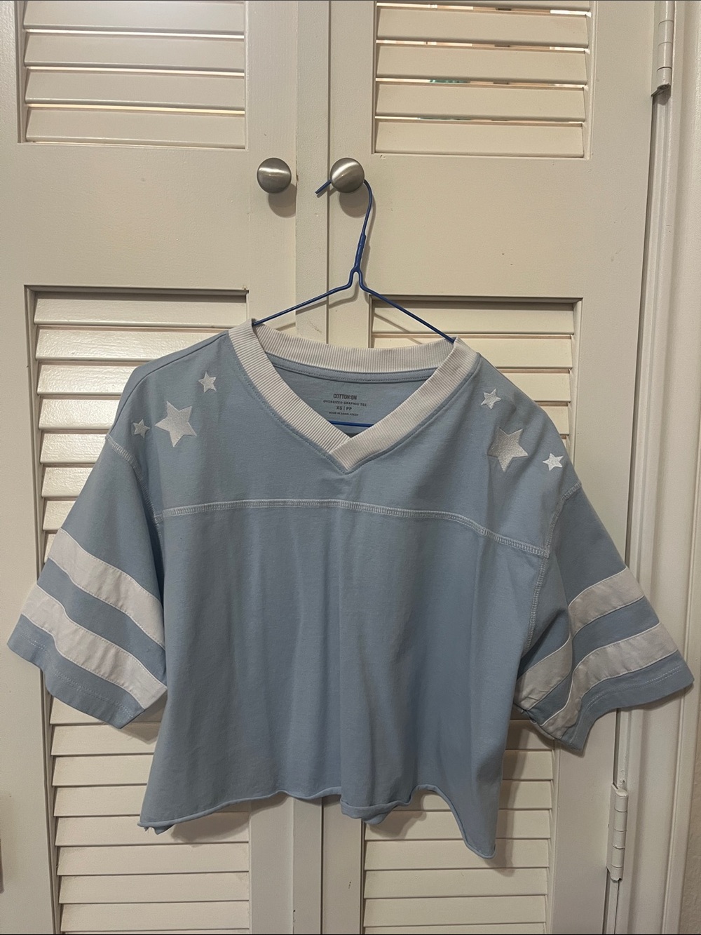 Cotton On Light Blue Cropped Tee with White Stars & Stripes